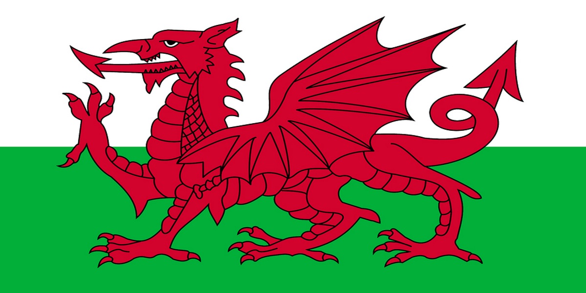 Welsh flag. Horizontally, top half white, bottom half green. Red dragon in the middle foreground.