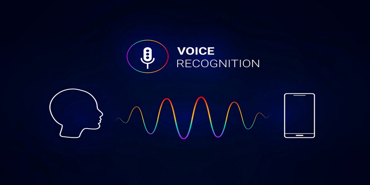 Black background. White microphone icon in a rainbow circle, top centre, the words VOICE RECOGNITION to the right hand side, in capital letter. Botoom left, white outline of a human head in profile facing right. Bottom right, white outline of a mobile phone. Head and phone connected by sound wave represented by a wavy line in rainbow colours.