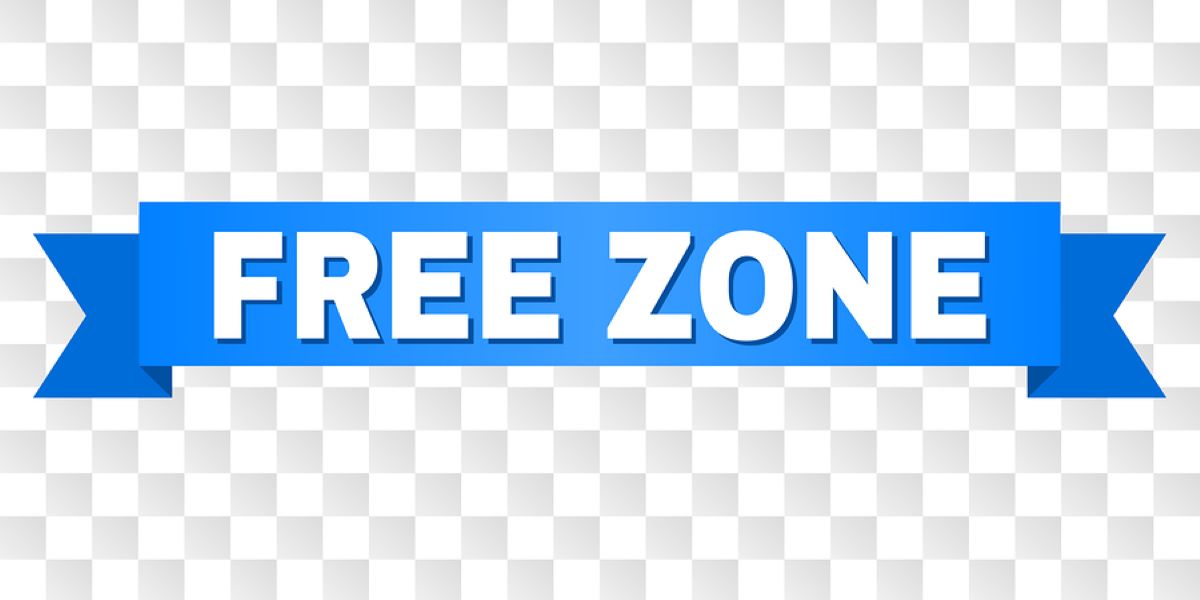 'Free zone' written in white block capital letters on a blue banner, centralised on a pale blue and white chequered background.