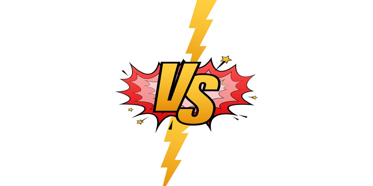 Comic style yellow lightening bolt through the middle. Yellow letter vs, for versus, in the centre of the flash on a red background.